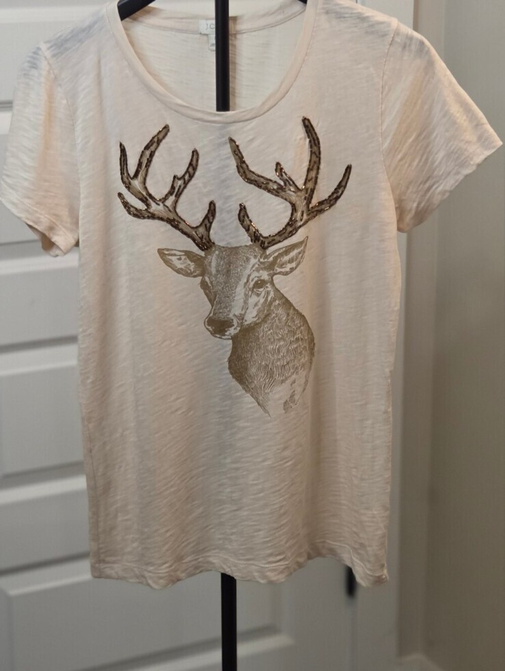 J.Crew Women's Medium Cream Cotton T-Shirt with Deer Graphic